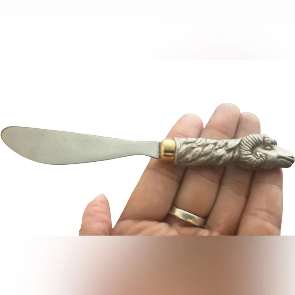 Vintage Ram Handle Pewter and Silver Plated Butter Knife‎ or Cheese Spreader